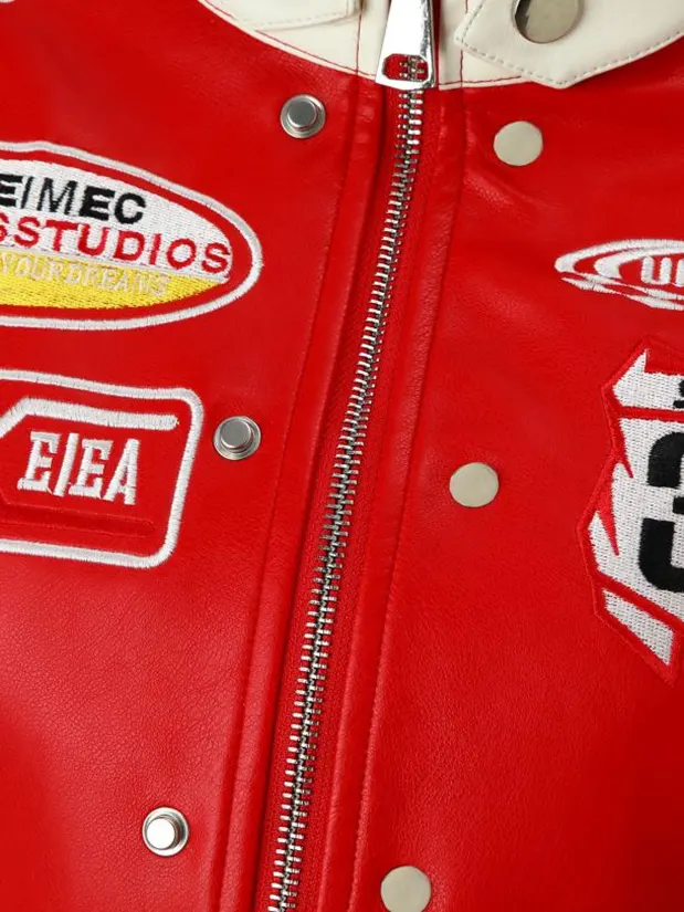 Embroidered Red and Black Color Block Racing Jacket