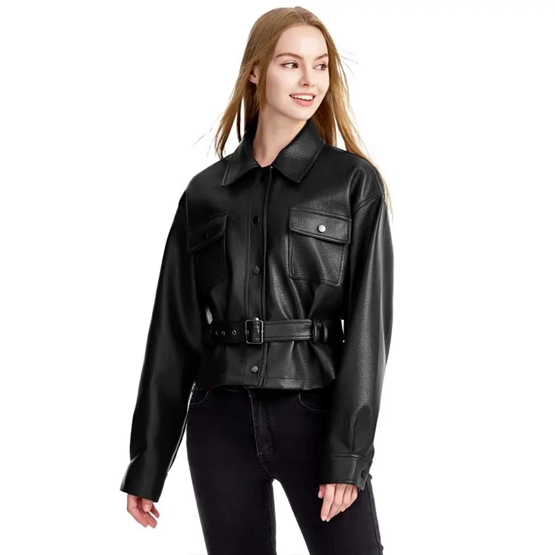 Pebbled Faux Leather Jacket with Belt and Pockets