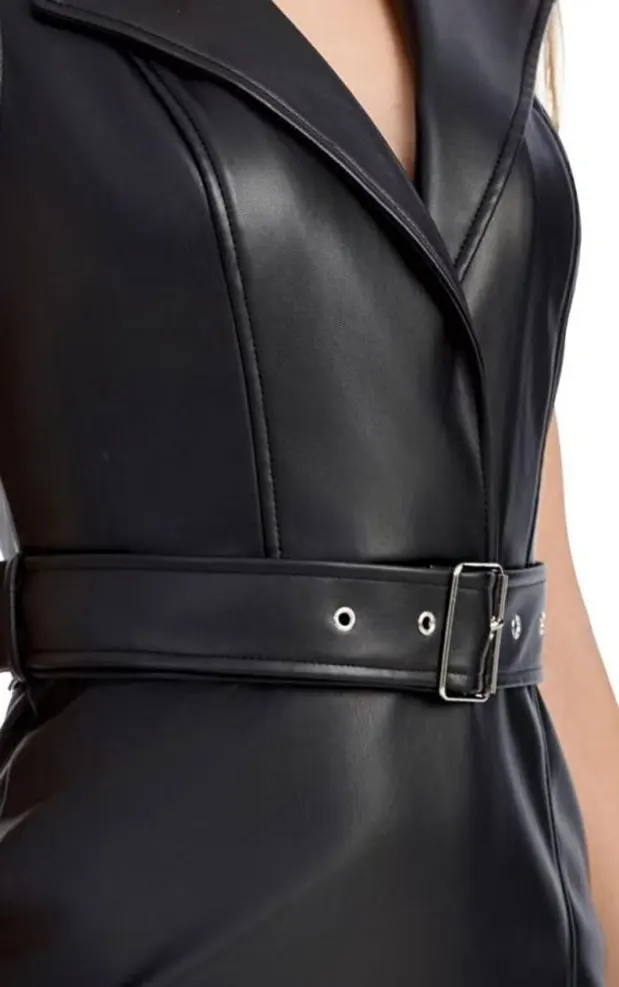 Fall Winter Belted V-Neck PU Leather Midi Dress